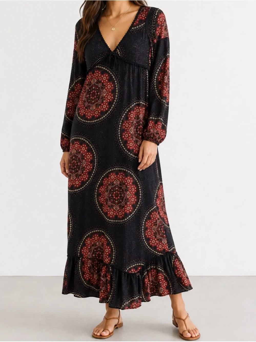 Vintage Trafaluc Zara Mandala Black Red Boho Moroccan Bohemian Maxi Dress
